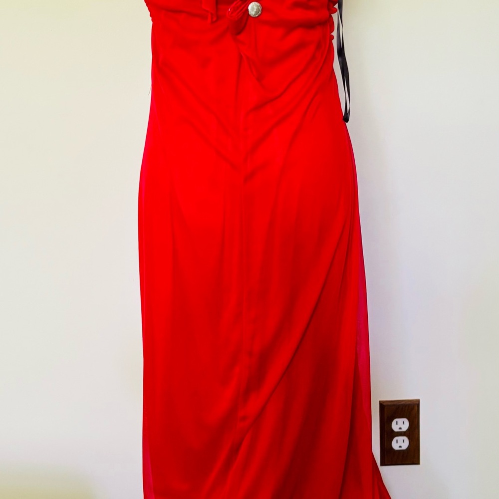 Vintage Y2K Cherry Red Maxi Halter Dress with Rhinestone Accents, Formal Gown - Picture 6 of 7